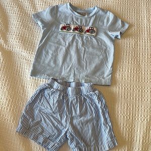 Lil Cactus set with smocked tractor shirt and striped shorts - 100% cotton